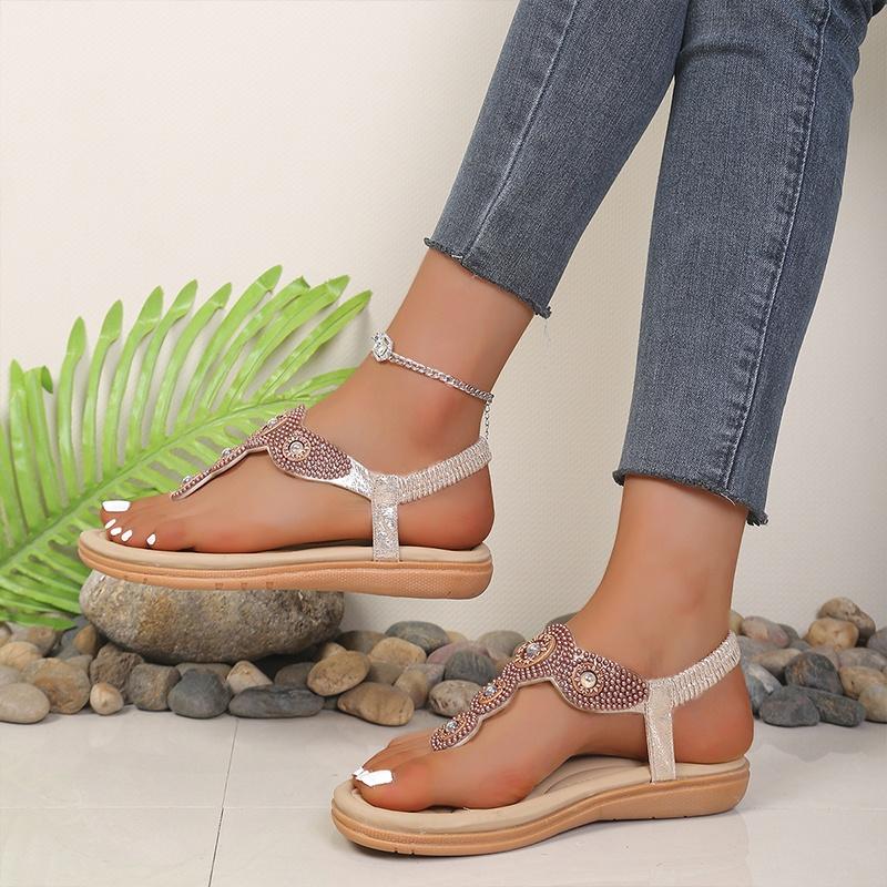 Sandálias Romanas Femininas com Contas Sapato com Tira para o Dedo do Pé Plano Sola Macia Calçado para Férias de Verão Caminhada na Praia Caminhada Casual e Viagem pela Cidade