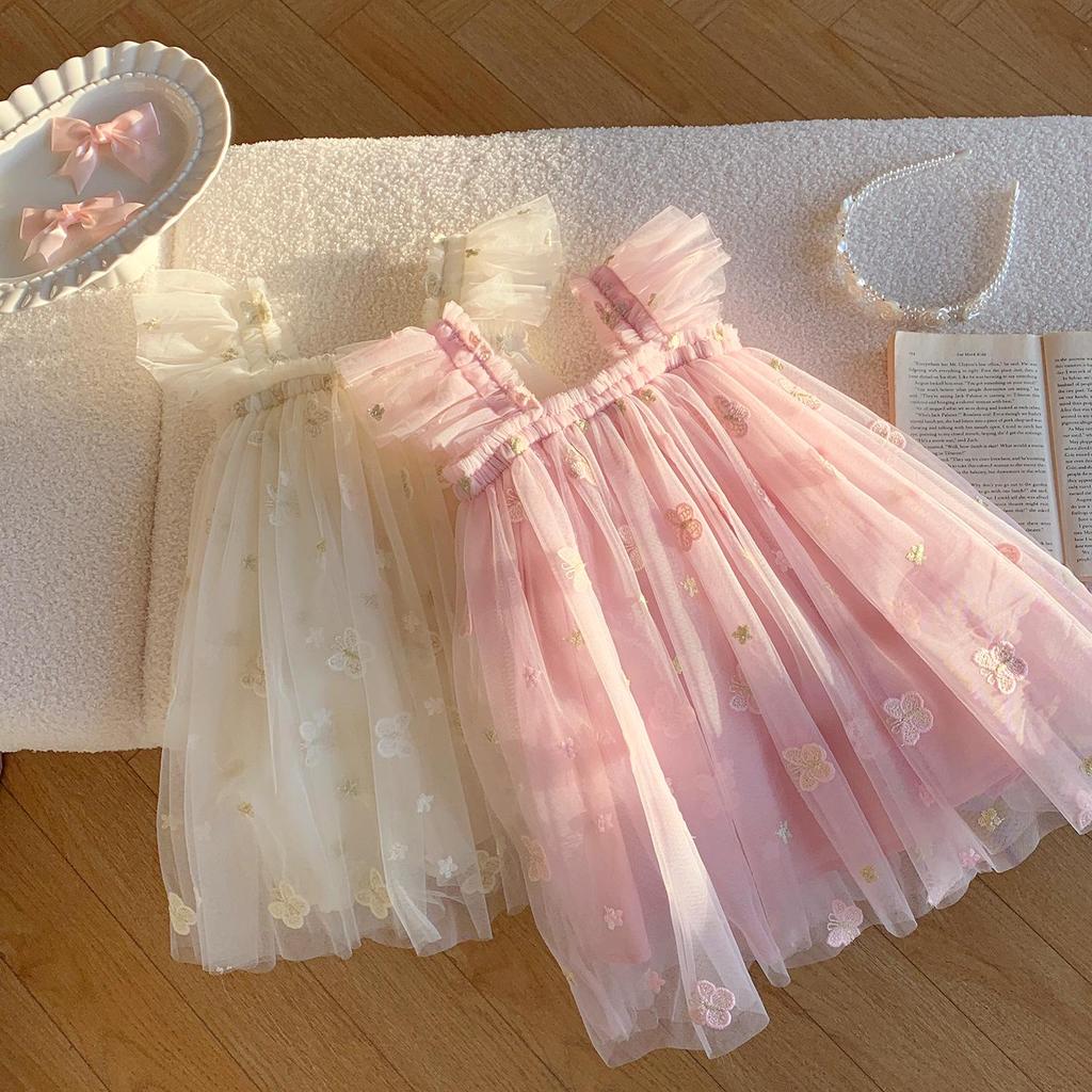 Butterfly Embroidered Mesh Dress: Summer 2025 Baby Girl Princess Puff Sleeve Skirt
