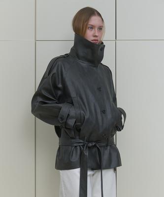 Ma Journee High Neck Leather Jacket_Charcoal