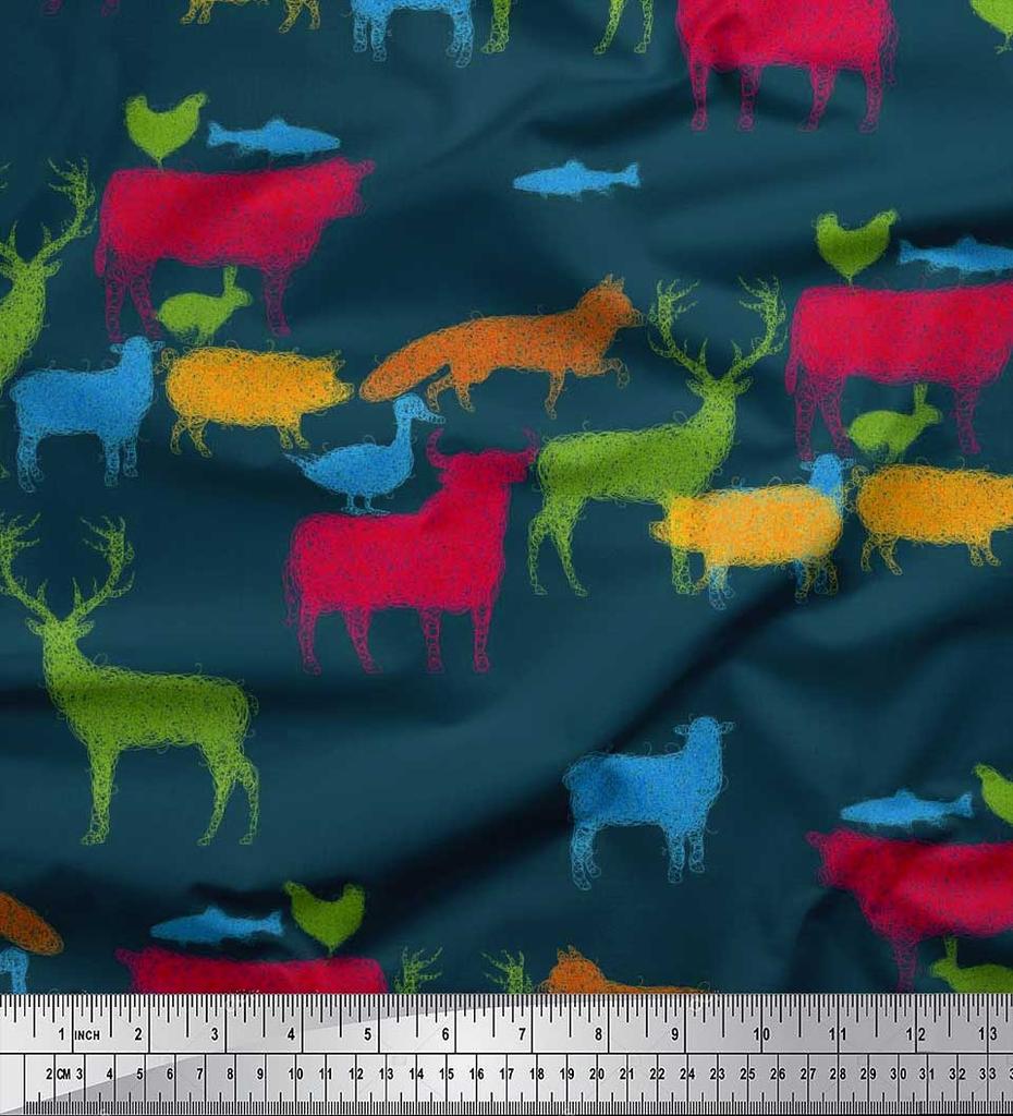 Soimoi Japan Crepe Satin Fabric Birds & Animals Hand Drawn Print Fabric by Metre 42 Inch