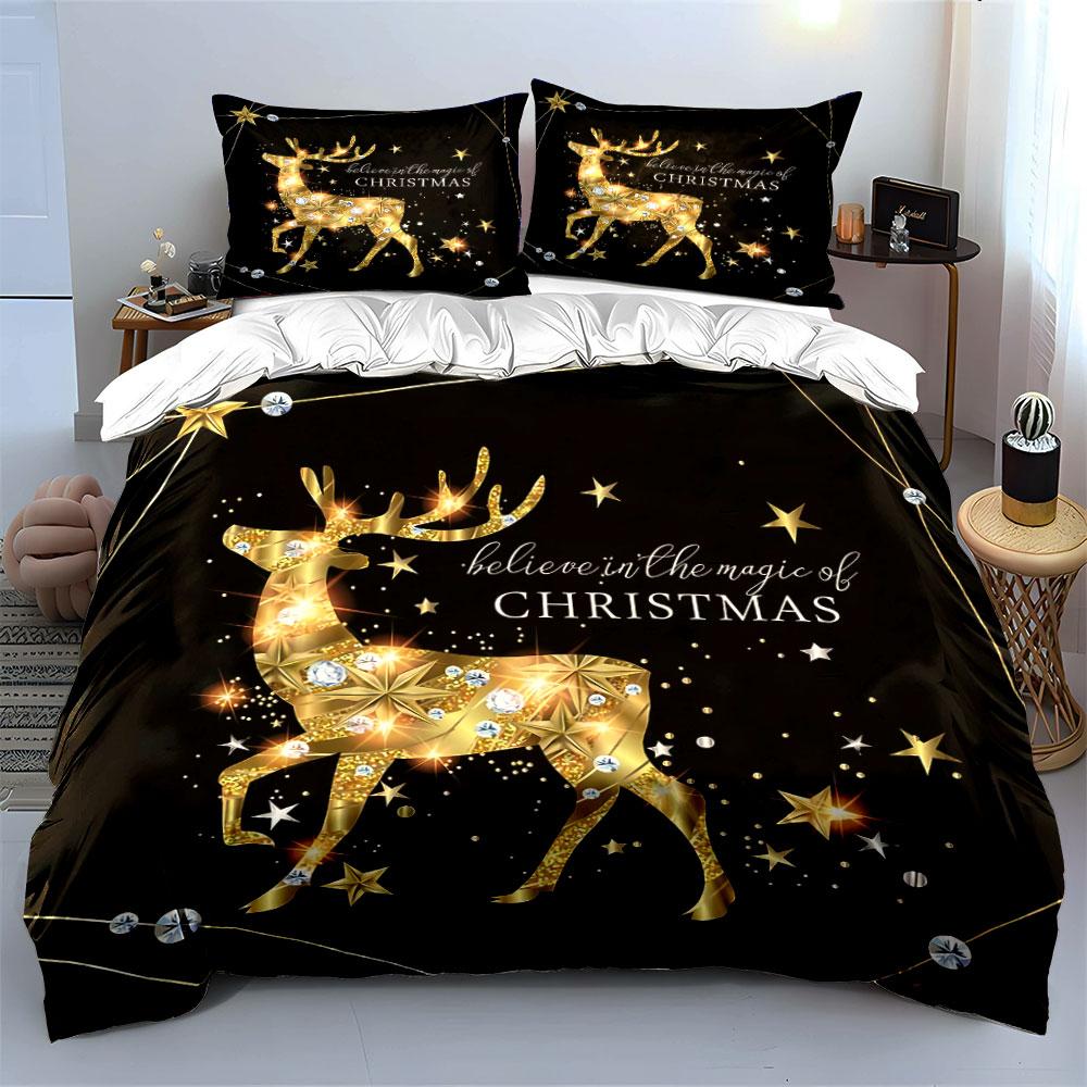 Golden Reindeer Christmas Decor Bedding Duvet Cover Set Duvet Cover Pillowcases (1*Duvet Cover 2*Pillowcases, without duvet insert)