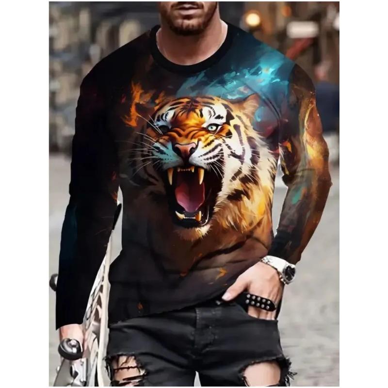 Men's 3D Printed Crew Neck Long Sleeve T-Shirt Fashion Versatile Trend Breathable Casual