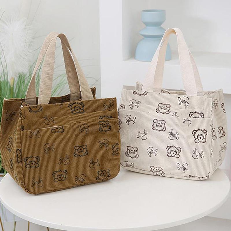 Cute Cartoon Printed Corduroy Versatile Handbag Office Worker Lunch Bento Tote Bag