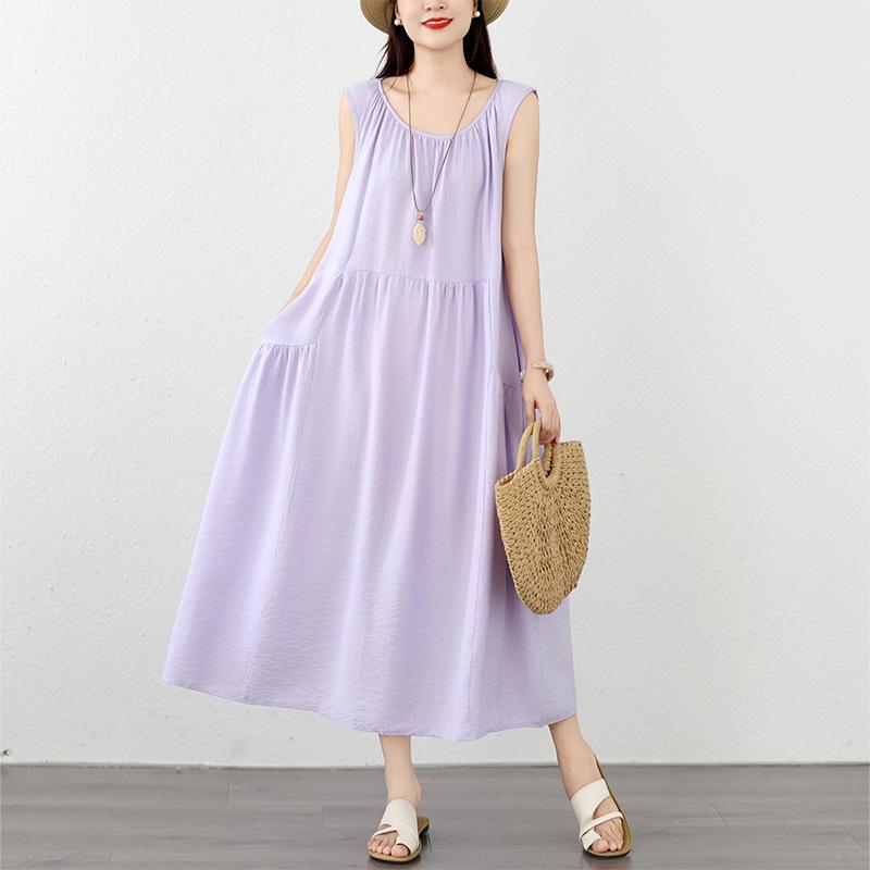 Elegant And Laid-back Style, Large Sleeveless Cotton And Linen Round-neck Vest Dress