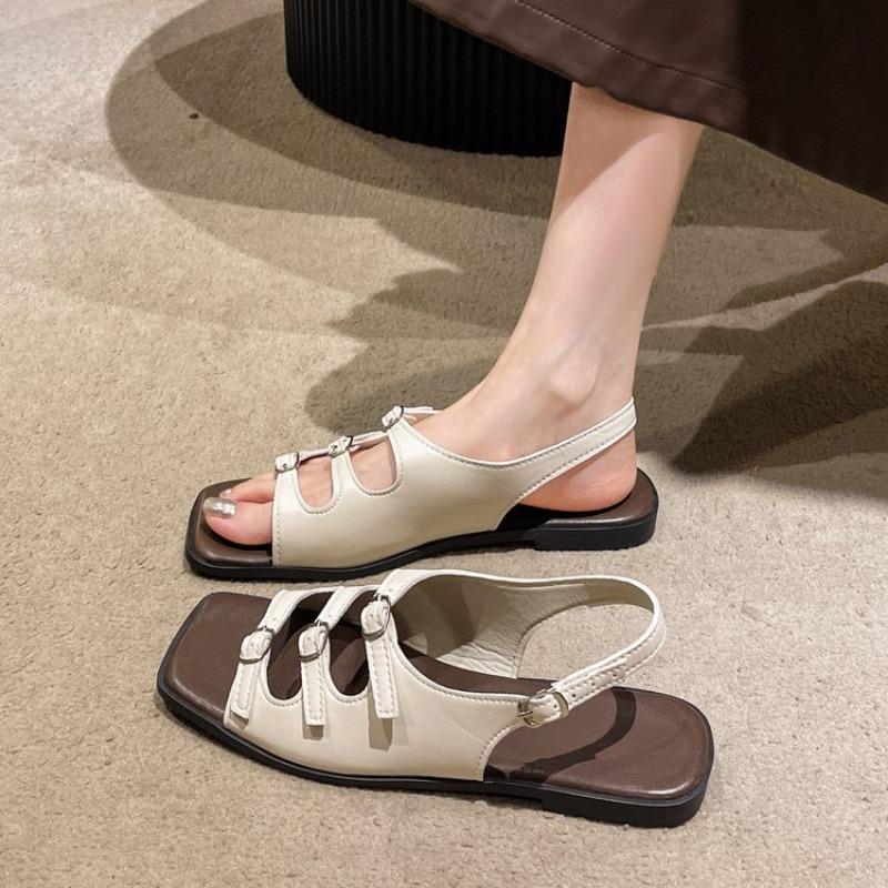 Women's Roman Strap Sandals Belt Buckle Flat Women's Casual Outdoor Sandals Thick Bottom Leather Slippers Metal Buckle Slippers