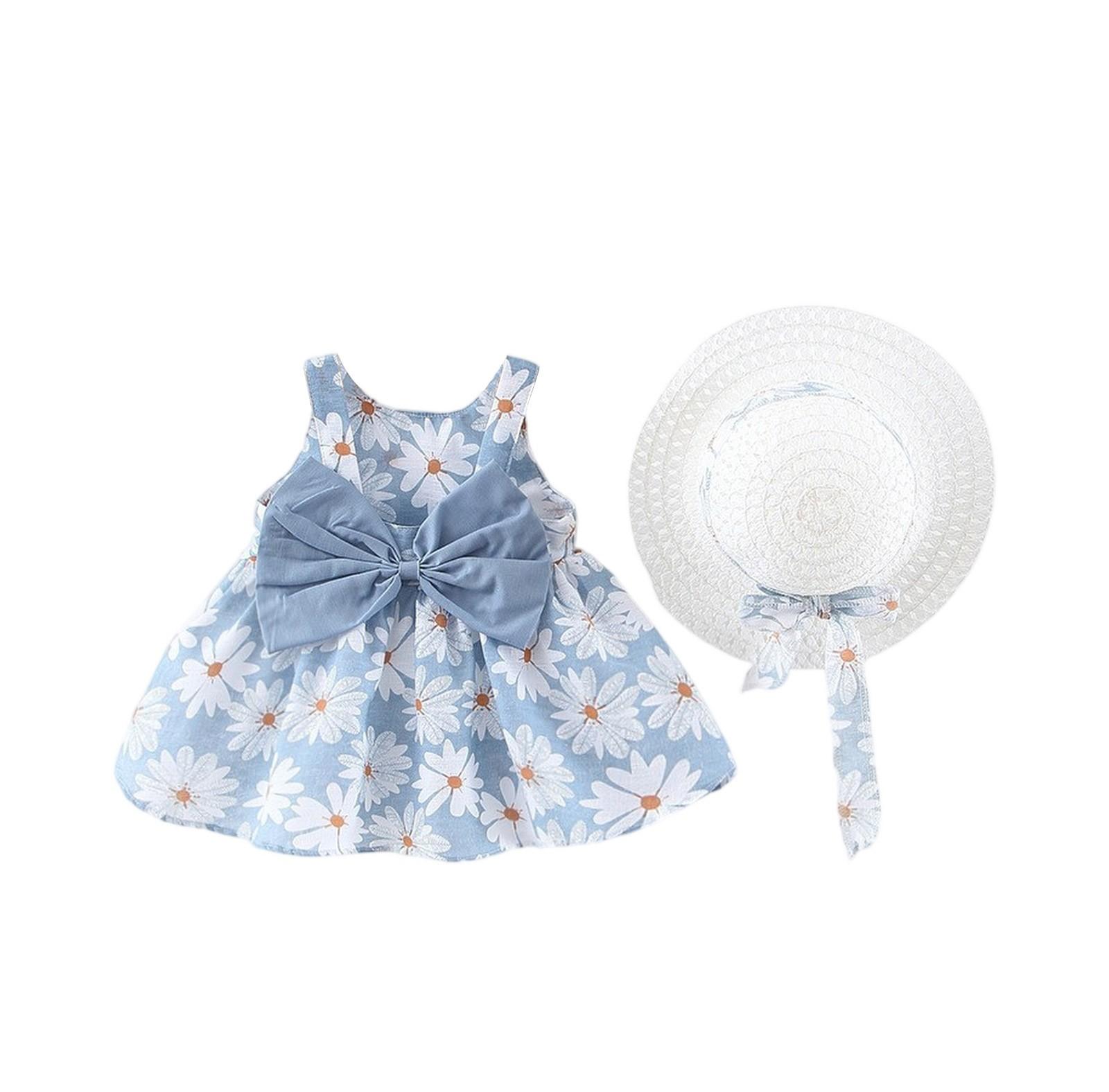 

Летнее детское платье без рукавов и комплект шапочки - милый наряд принцессы с цветочным принтом 100 синий
