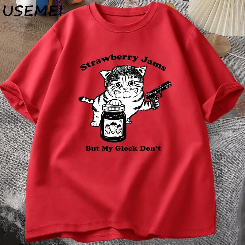 Jahodová marmeláda, ale můj Glock nechytá kočky vtipný kočičí táta léto bavlna tričko prodyšné a volné oblečení