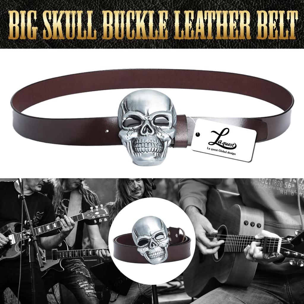 [Laquest] Big Skull Buckle Leather Belt for Men - Skull Metal Buckle, Punk Rock Biker Style (2. Brown)