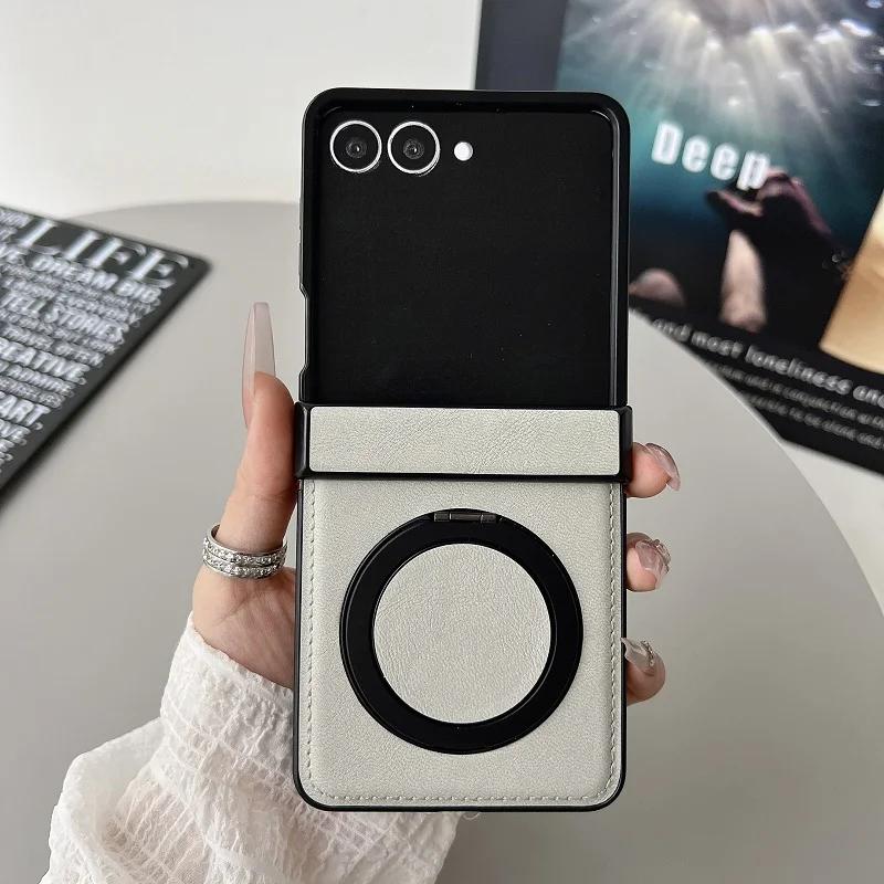 Business Sle Magnetic Rotating Holder Phone Case for Samsung Galaxy Z Flip3 4 5 6 7 Leather 3-piece Hinge Set Anti-Scratch Cover