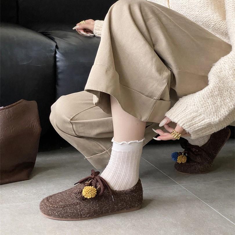 2025 new round toe platform matte flat outer wear commuter soft-soled women's singles shoes wool wool boxen shoes