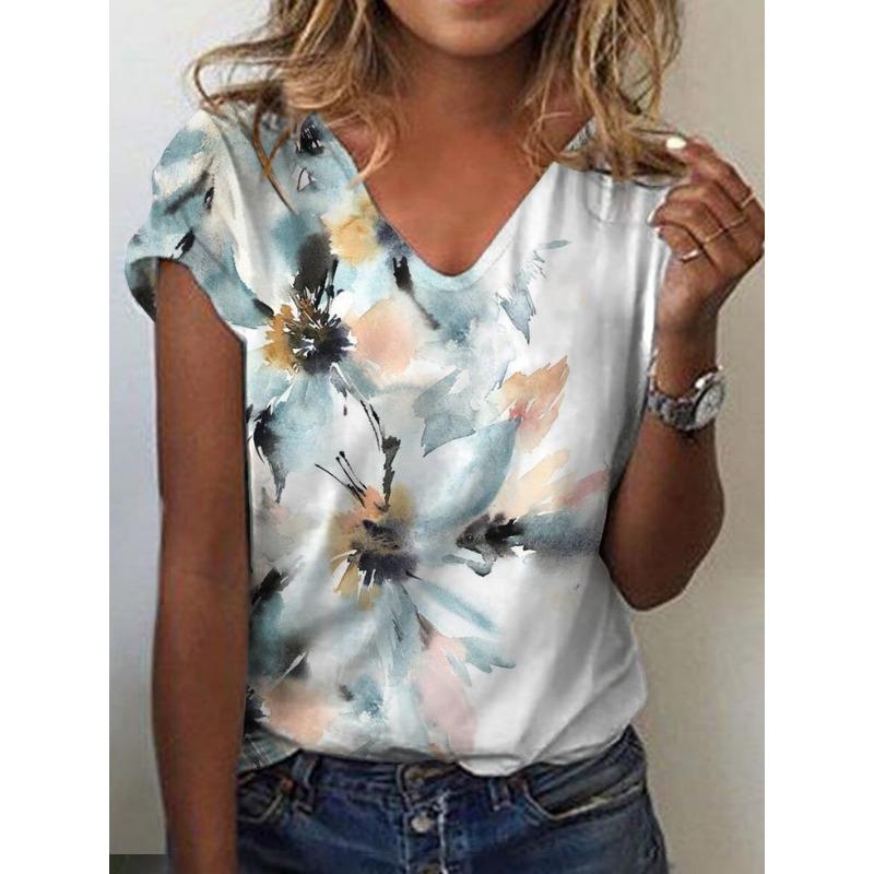 Summer V-neck 3D Flower Pattern Printed Top Fashionable Casual Short Sleeved Women's T-shirts