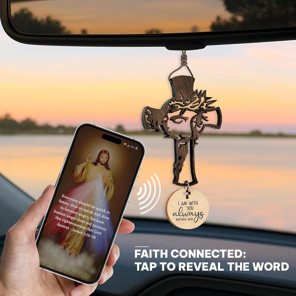 Cross for Car Mirror Hanging Christian with Bible Verse - I Am with You Always - Cross for Rear View Mirror - Christian Car Accessories Ornament -