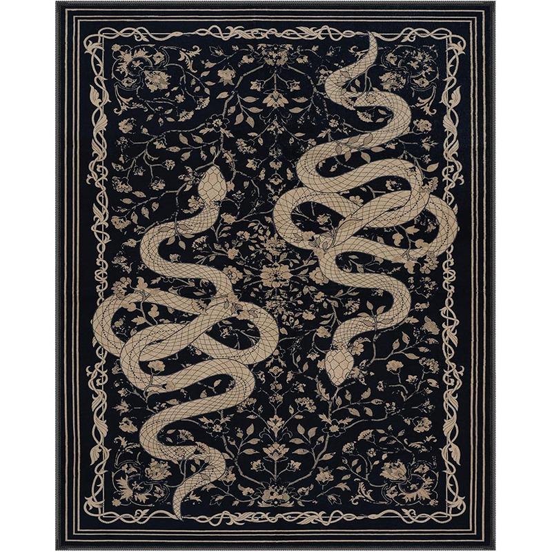 Black Living Room Carpet Large Machine Washable Carpets Snake Plant Bedroom Bedside Floor Mat Retro Elegant Home Decoration Rug