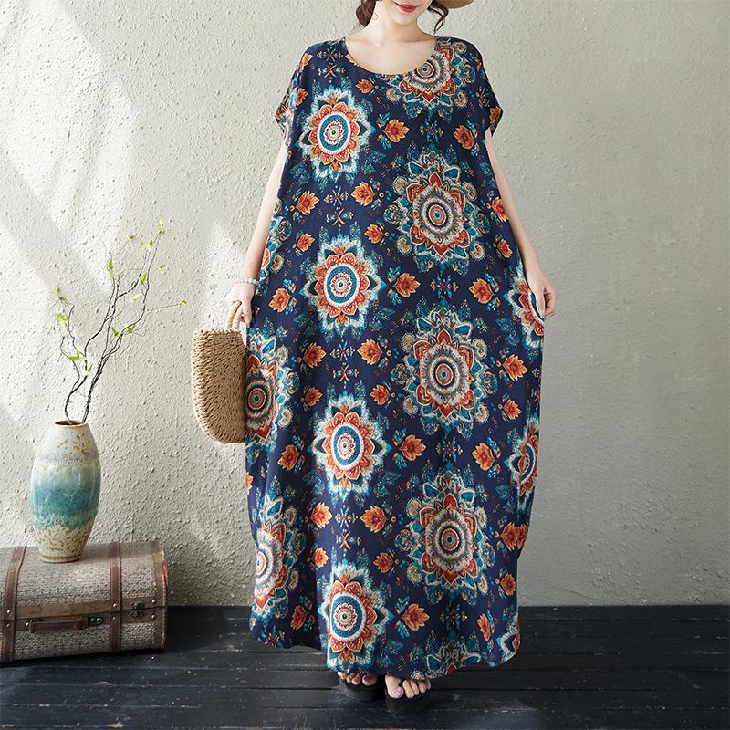 Kurzarm Plus Size Baumwolle Vintage Blumenmuster Neu in Kleidern für Damen lässig locker langes Sommerkleid
