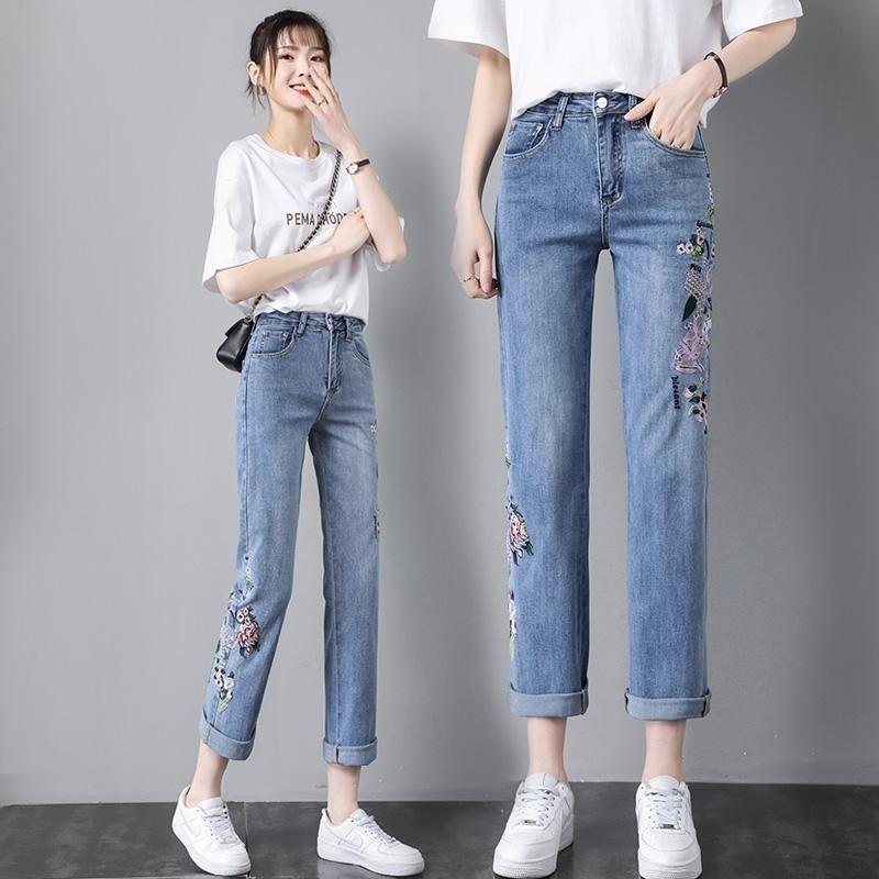 Jeans Gamba Dritta Donna Estate Sezione Sottile Larghi Vita Alta Ricamati Stile Etnico Pantaloni Gamba Dritta con Fiori Pantaloni
