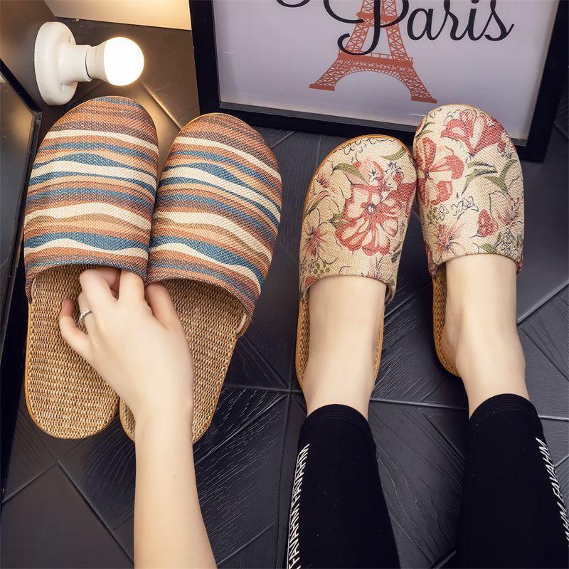 Four Seasons National Style Flax Cool Slippers Couples Breathable Home Use Flat Soft Sole Men's and Women's Confinement Baotou  Confinement Shoes