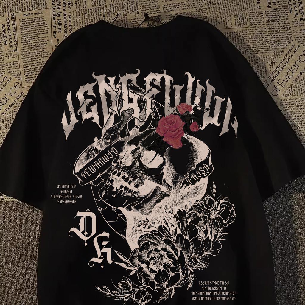 

Unisexs Oversized Skull Rose Print T Shirt Gothic Streetwear Short Sleeve Casual Graphic Tee for Summer 4XL