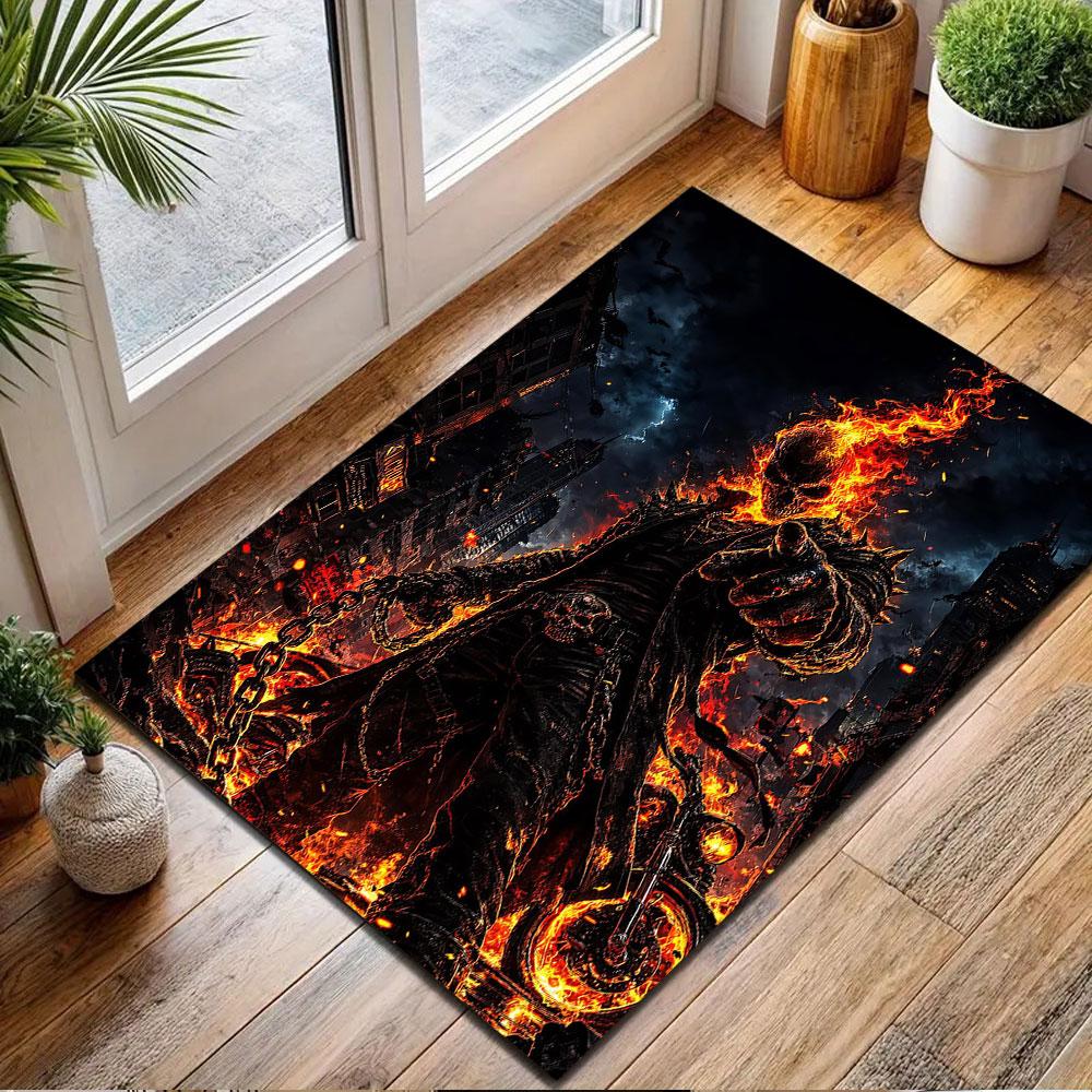 Flaming Skull Biker In Dark City Patterned Carpet, Non Slip Mat Suitable for Living Room and Bedroom Sofas