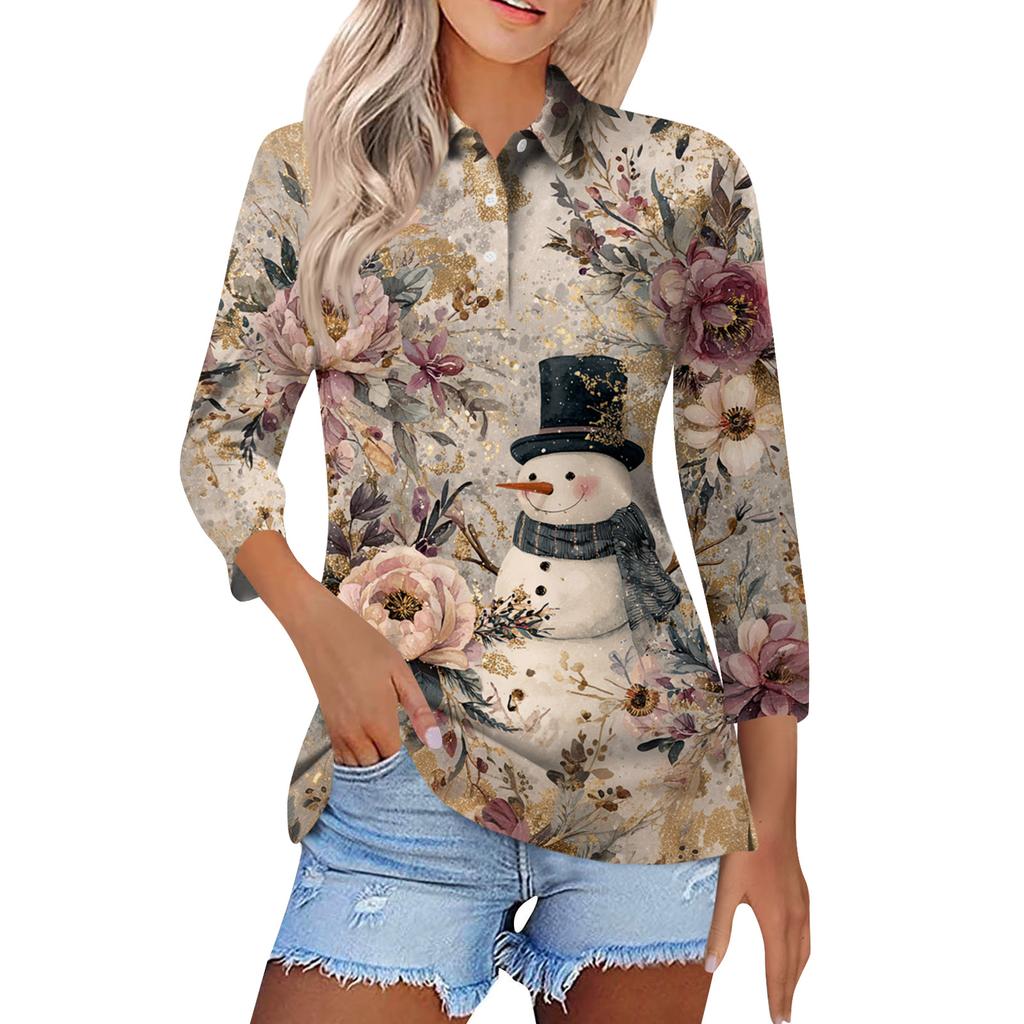 Women's Fashion Casual Button 3/4 Sleeve Vintage  Print Lapel Top