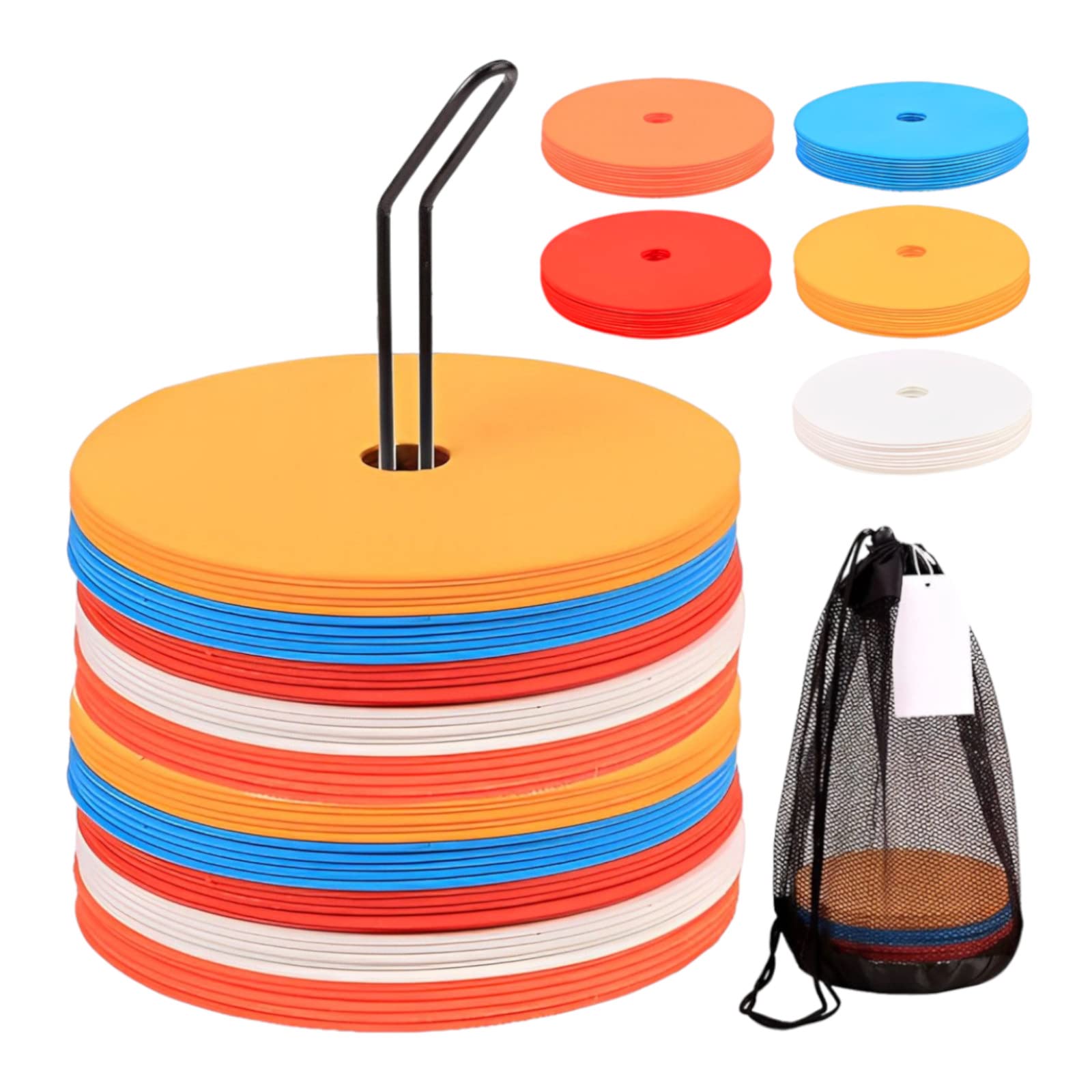 

Heizi Flat Markers, 5 Colors, 50 Pieces, Flat Cones for Soccer, Track & Field, and Basketball (Includes 50 Pieces, Stand, and Storage Bag)