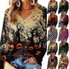 Women's V-Neck Long Sleeve Halloween Print Lightweight Blouse for Fall Parties and Everyday Wear