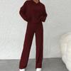 Women Autumn Winter Solid Color Loose Knitted Sweatshirt Suit Casual Long Sleeved Striped Hoodie Long Straight Leg Pants Two-piece Set