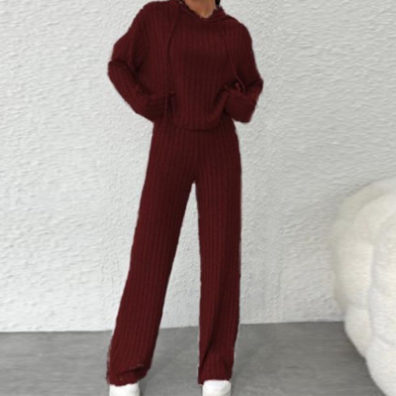 Women Autumn Winter Solid Color Loose Knitted Sweatshirt Suit Casual Long Sleeved Striped Hoodie Long Straight Leg Pants Two-piece Set