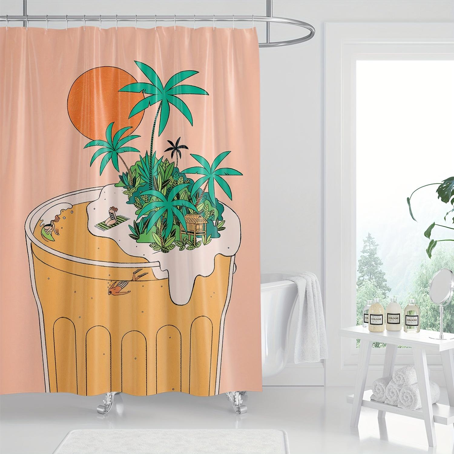 

1Pc Festive Beer Festival Cartoon Print Shower Curtain - Vibrant Tropical Island Design With Palm Trees & Beer Mug, Polyester W60H190(CM)-1 Pcs