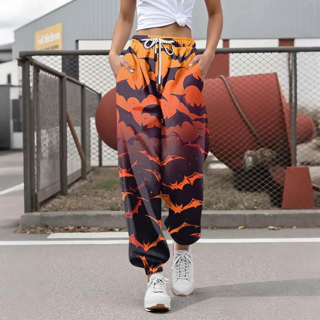 Pantalon de survêtement décontracté à imprimé Halloween pour femme, pantalon de loisirs, taille élastique avec cordon de serrage, pantalon à cordon de serrage