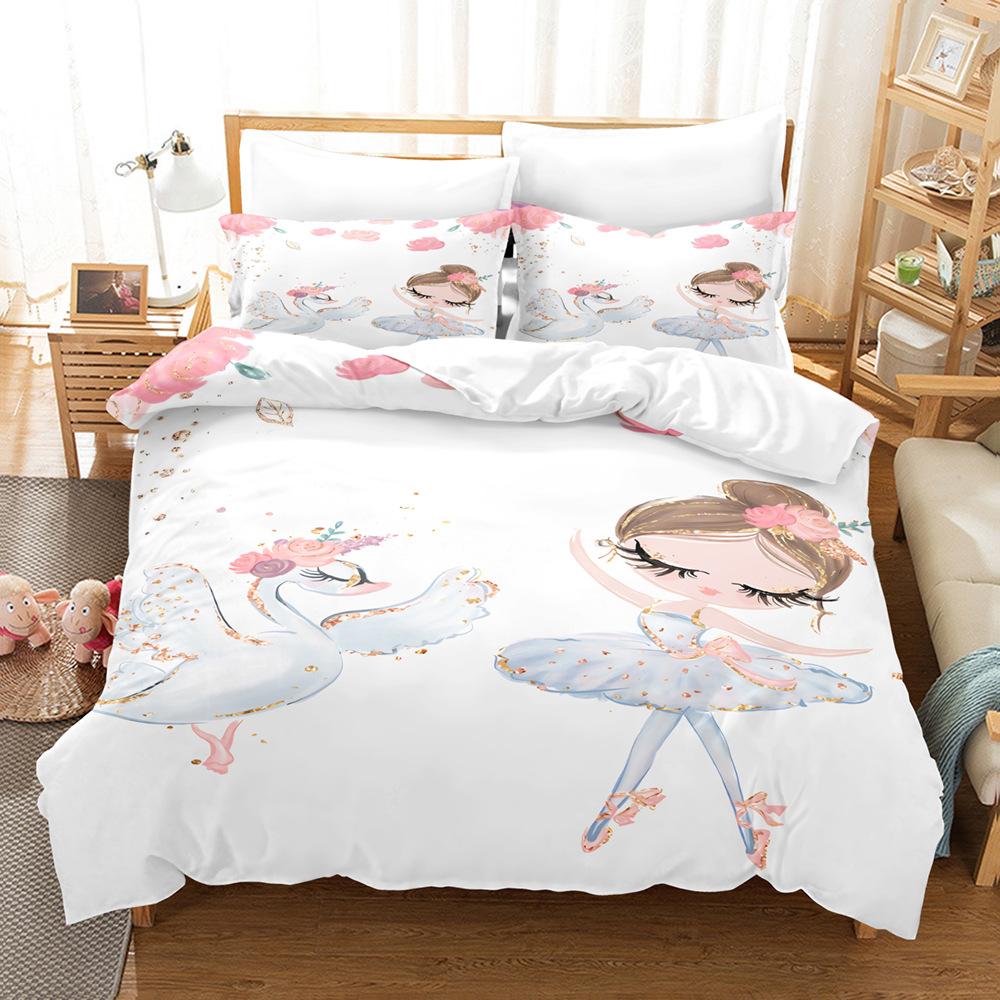 3D Digital Printing Bedding Kit Cartoon Ballet Girl Swan Dance Bedding Three-Piece Set