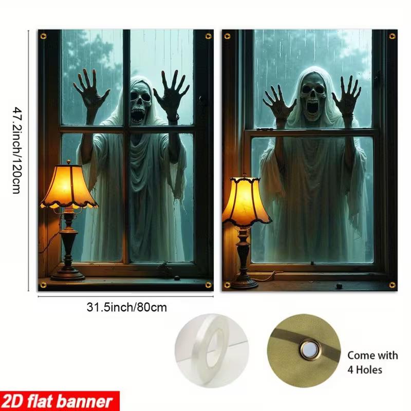 2D Halloween Ghost Skeleton Window Banner, Scary Party Door Decoration