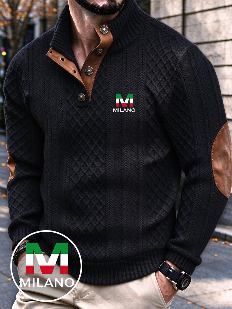 Men's Casual Shirts Long Sleeve Polo Shirts Stand Collar Pullover Sweater Quarter Button Sweaters with Pattern Print for Fall, Winter Daily Wear