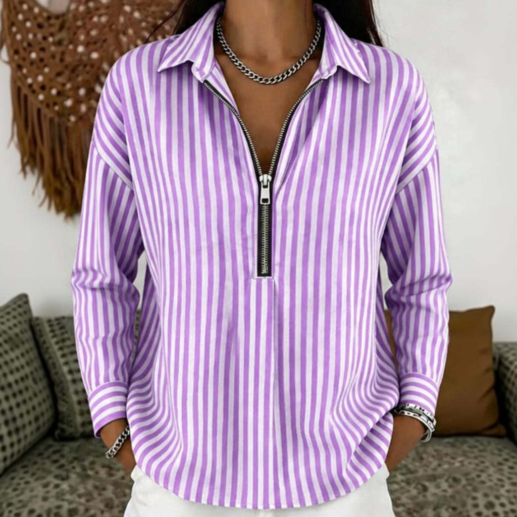 Women's Casual Loose Fit Long Sleeve Shirt Half Zip Front Striped Pattern Collared Blouse Lightweight Top for Everyday Wear
