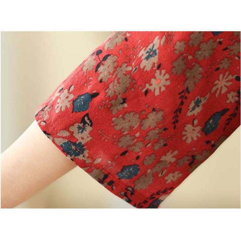 2025 Literary Retro Travel Plus Slim Cotton V-Neck Dress