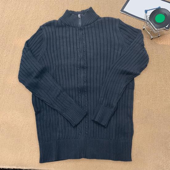 Fall Winter Men Coat Zipper Closure Knitted Cardigan Stand Collar Long Sleeves Solid Color Thick Elastic Loose Striped Texture Daily Wear Knit Jacket