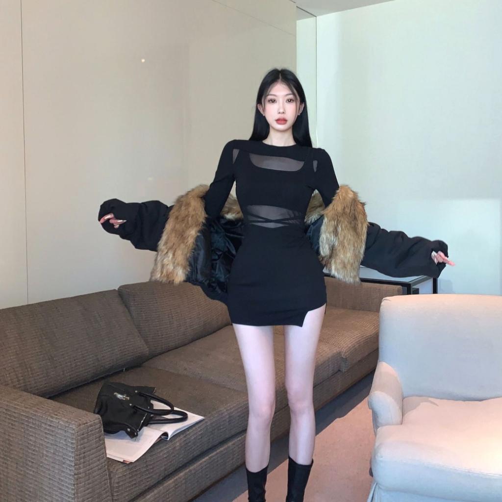 Pure Desire Spice Girl Mesh Splicing Long-sleeved Dress for Women's Autumn and Winter Bottoming, Waist and Thin Buttocks Short Skirt