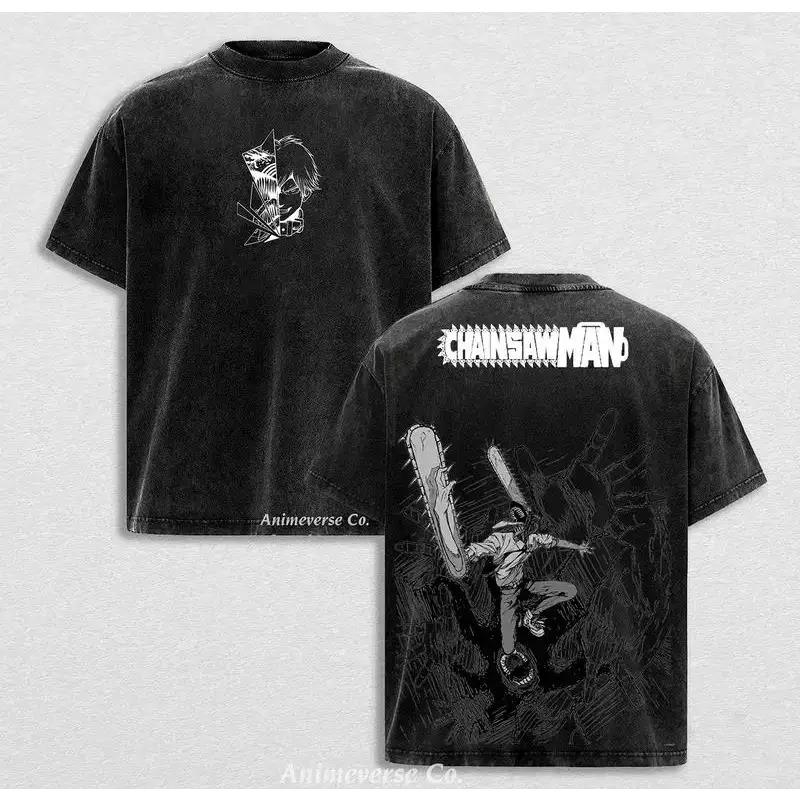 Denji Pochita Chainsaw Man Anime Clothing Men Women T-shirts Vintage Washed T Shirt Oversized Cotton Tshirt Harajuku Casual Tops