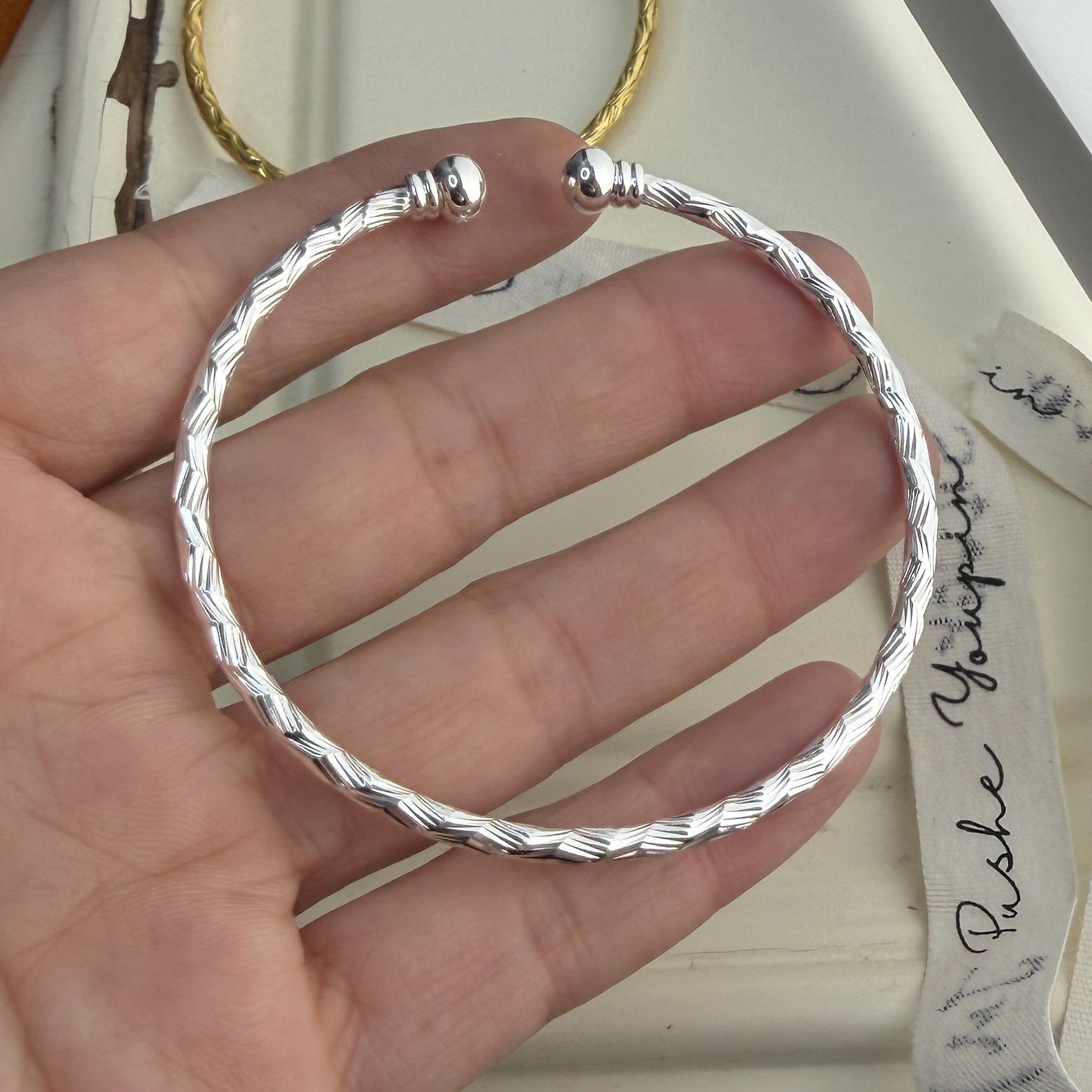 

100% Solid 925 Sterling Silver Retro Bracelet for Women Geometric Handmade Gold Shinning Bracelet Birthday Gift