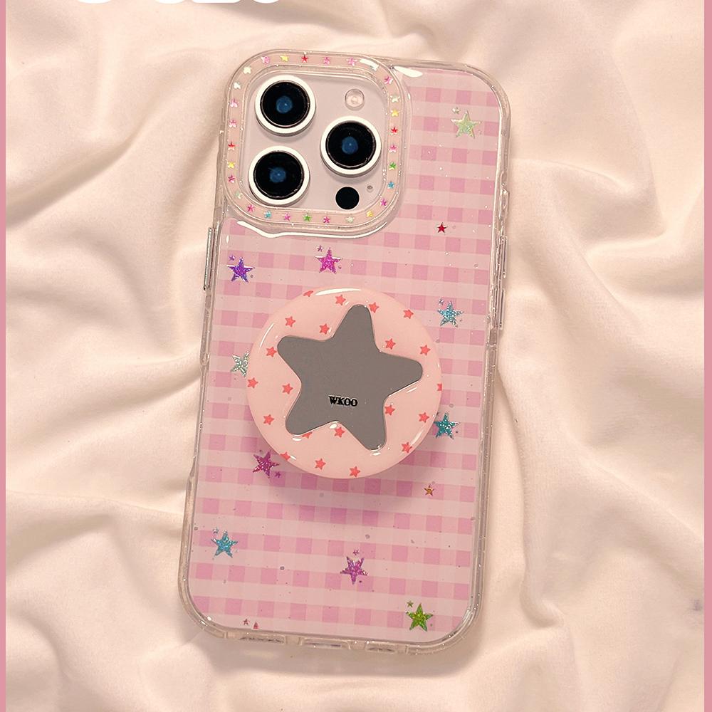 Cute Colorful Stars Sweet Pink Grid Pattern Phone Case for iphone 17pro 17 Promax 14 15 16 Promax 13  Lovely Shockproof Cover