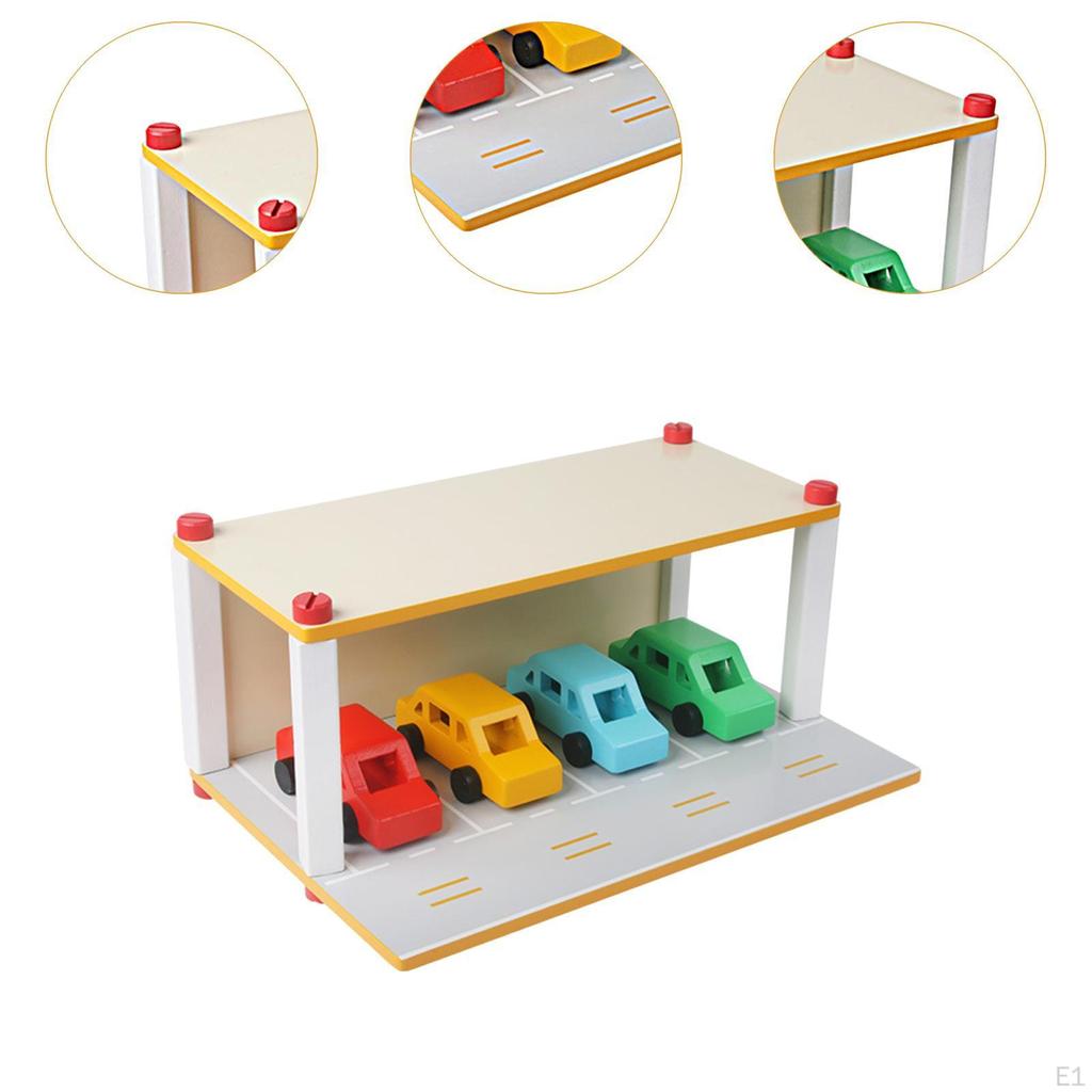 Wooden Toy Parking Lot with Car, Garage Car Play Set, Vehicle Role for 3 4 5 Year Olds