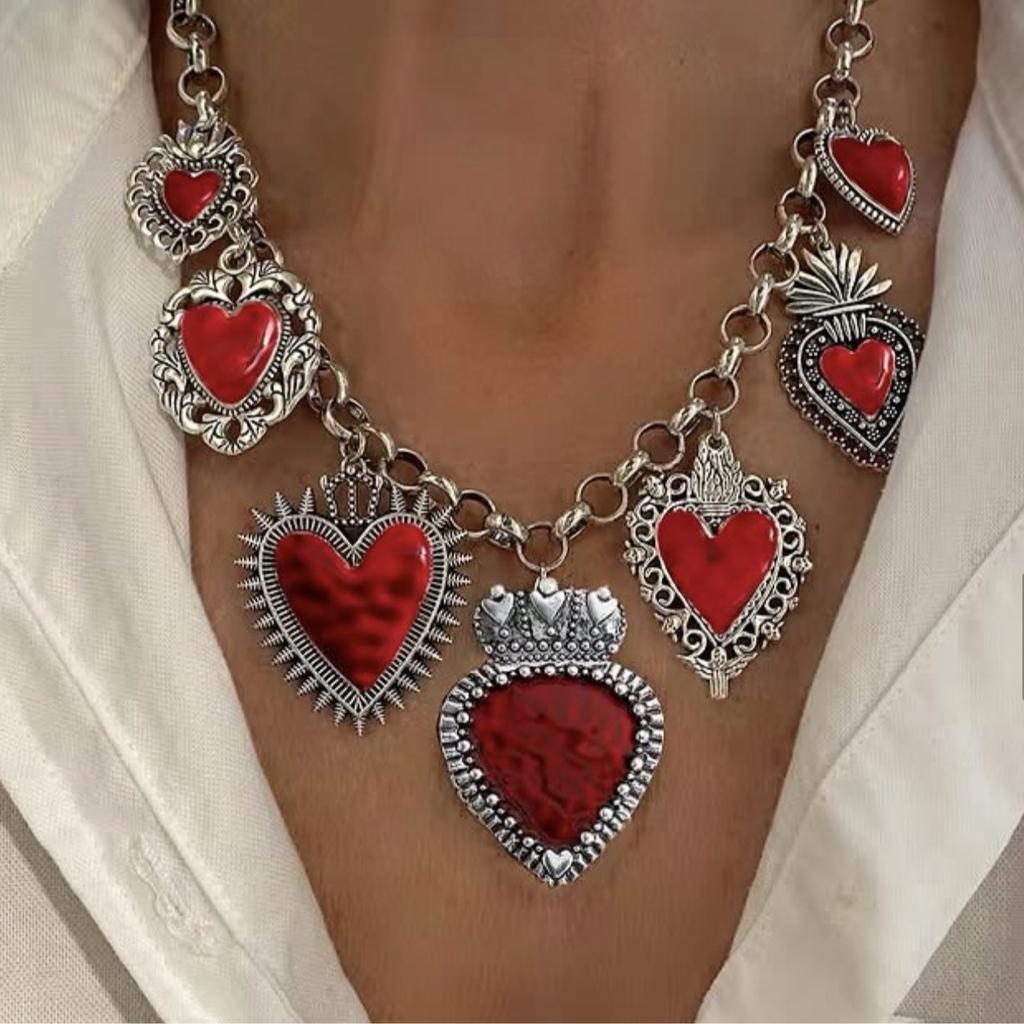 Personalized Retro Red Sacred Heart Pendant Necklace Silver Design Multi-Pendant Women'S Jewelry