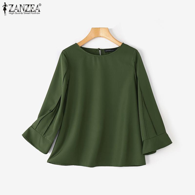 ZANZEA Women Casual Round Neck 3/4 Sleeve Solid Color Loose Blouse
