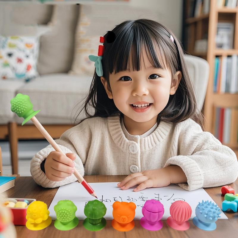Cartoon Textured Suction Cup Sensory Stone Autism Anxiety Relief Pen Cover Fidget Toys For Kids Gifts Classroom Prizes