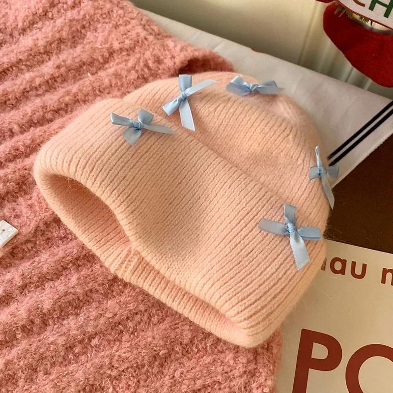Ins New Sweet Bow Knitted Women's Hats Autumn and Winter Korean Version Fashion Warm Thickened Pullover Cute Beanies Caps