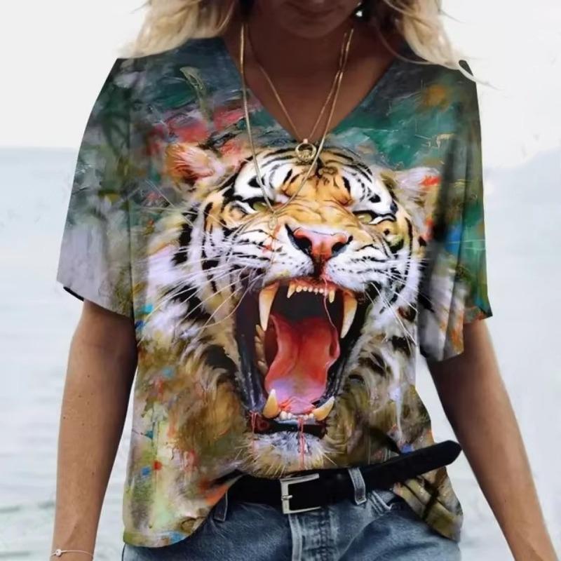Summer Vintage Animal Tiger T-Shirts 3D Print Women's Casual Short Sleeve V-Neck T Shirt Y2K Tees Harajuku Tops Female Clothing
