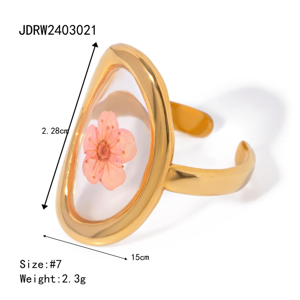 Light Cozy 18k Gold Plated Minimalist Polygonal Dry Flower Opening Ring Women Personalized Stainless Steel Statement Jewelry