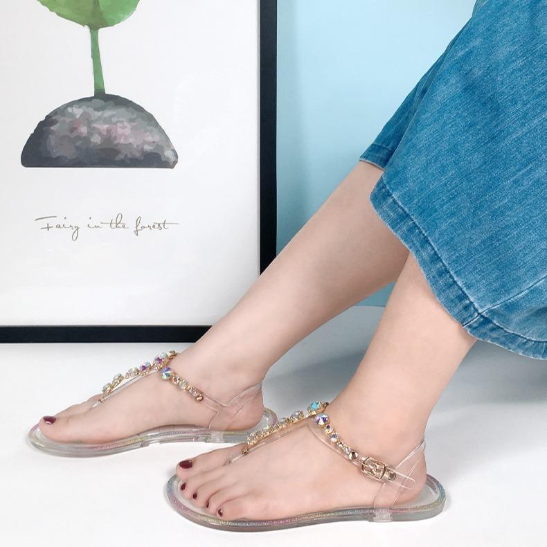 Damen durchsichtige Jelly-Sandalen – Kristallverzierung PVC flache Strand-Pantoletten, rutschfeste Freizeitschuhe