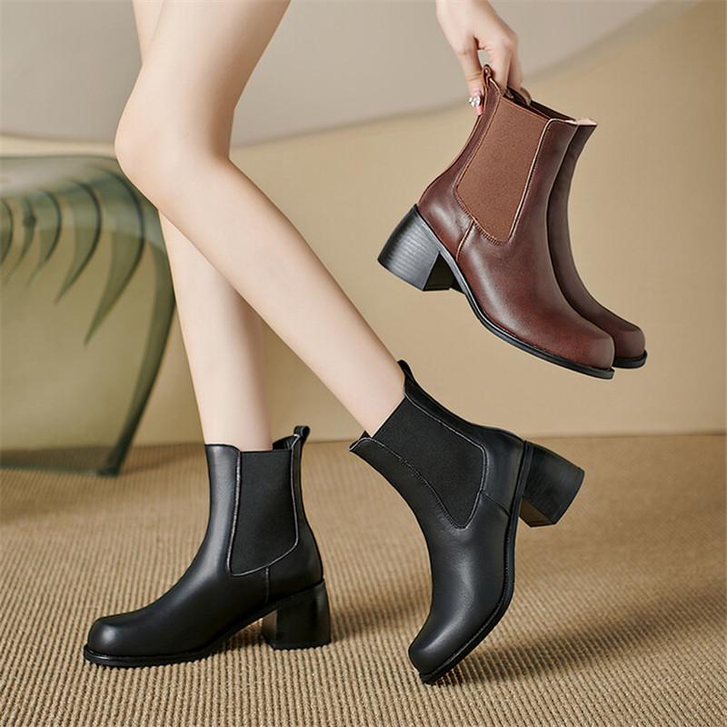 Fashion New Autumn Winter Genuine Leather Women Boots Fashion Round Toe Shoes for Women Short Boots Women High Heel Botas De Mujer