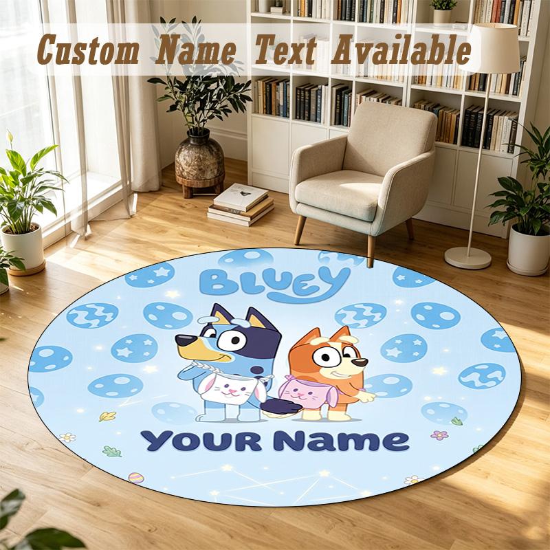 Round Rug Custom NameBluey Pattern Non Slip Carpet Home Floor Decor