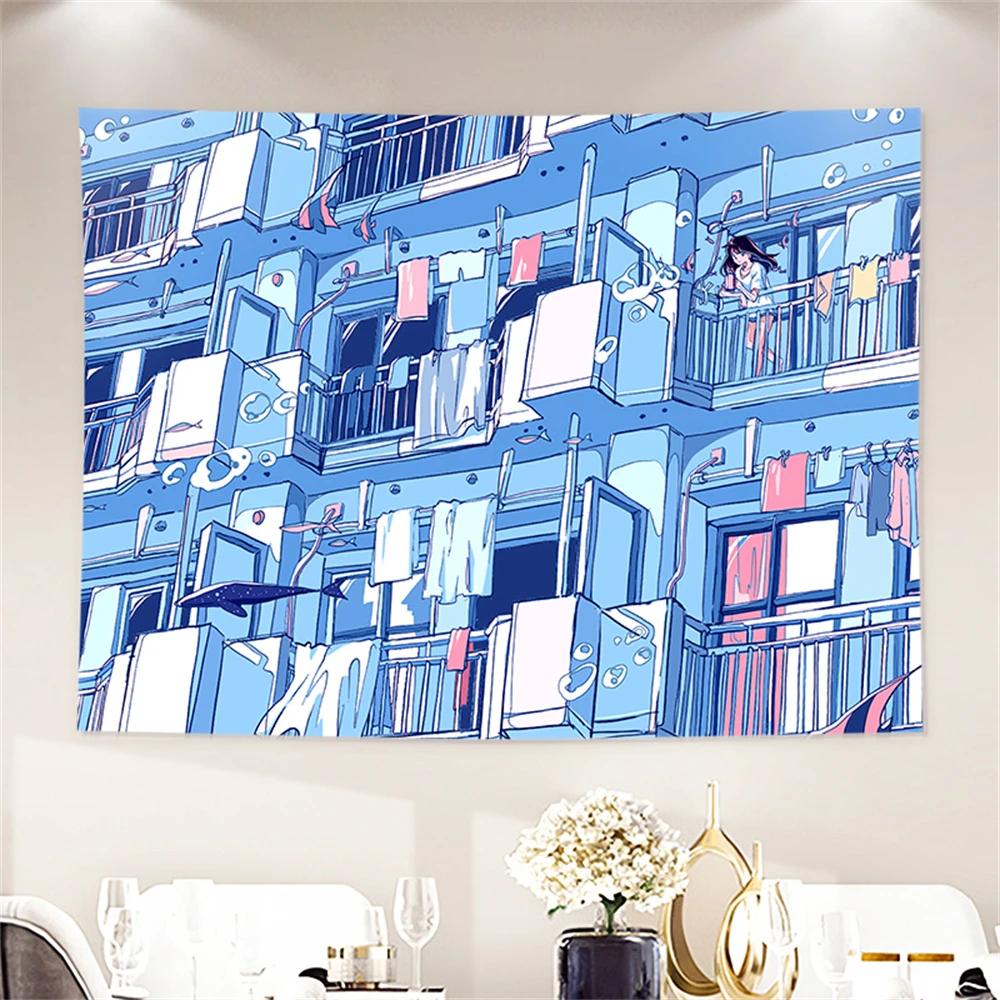 Japanese Handpainted Illustration Printed Tapestry Cartoon Anime Whale City Landscape Tapestry Wall Hanging Kawaii Room Decor